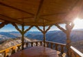 Wooden pavilion with scenery mountains view, Caucasus.