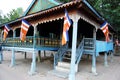 Wooden pavilion ubosot of ancient ruins Prasat West Mebon temple in reservoir West Baray or Baray Teuk Thla for Cambodian people