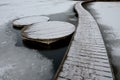wooden pedestrian bridge over frozen snowy river pond lake no railing Royalty Free Stock Photo