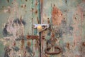 Wooden peeled door background locked with rusty handle and padlock. Aged brown, green gate, close up view with details. Royalty Free Stock Photo