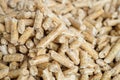 Wooden pellets close up with selective foocus. Alternative biofuel from sawdust for burning in furnaces and stoves. Cat and hamste