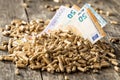 Wooden pellets and euro banknotes. Royalty Free Stock Photo