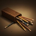A wooden pencil box is positioned on a textured surface, revealing an array of colored Royalty Free Stock Photo
