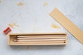 Wooden pencil case with colour pencils for back to school Royalty Free Stock Photo
