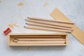 Wooden pencil case with colour pencils for back to school Royalty Free Stock Photo