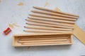 Wooden pencil case with colour pencils for back to school Royalty Free Stock Photo
