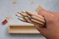 Wooden pencil case with colour pencils for back to school Royalty Free Stock Photo