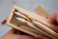 Wooden pencil case with colour pencils for back to school Royalty Free Stock Photo