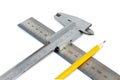 Wooden pencil, ruler and vernier caliper on a white background Royalty Free Stock Photo