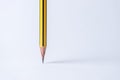 Wooden pencil stands on white paper background.