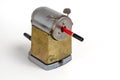 Wooden pencil and vintage sharpener on white background. Manual Royalty Free Stock Photo