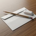 A wooden pencil and a white rectangular eraser rest on a white envelope placed on a Royalty Free Stock Photo