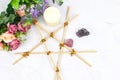 Wooden pentagram, Pagan Branch Pentagram - witchcraft tools of natural wood, aroma wax candle, crystals stone healing, rose quart