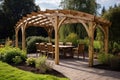 Wooden pergola for garden seating.