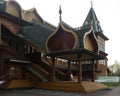 Wooden perron of Recreated wooden palace of Tsar Alexei I Mikhailovich in Kolomenskoe park of Moscow, Russia.