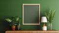 Wooden photo frame mockup green wall mounted on the wooden cabinet, interior decorated with plant leaf, lamp and vase