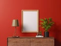 Wooden photo frame mockup red wall mounted on the wooden cabinet, interior decorated with plant leaf, lamp and vase
