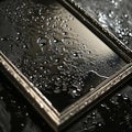 Wooden photo frame with water drops on black background.