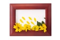 Wooden photo frame with yellow flowers on a white background. Hello autumn concept Royalty Free Stock Photo