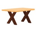 Wooden picnic table with crossed leg design, simple outdoor furniture. Rustic wooden table, garden or patio decor vector