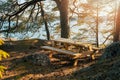 wooden picnic table at forest campsite by the lake