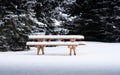 Wooden picnic table at a public park snow covered Royalty Free Stock Photo