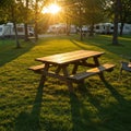 Wooden Picnic Table at Sunset Campground Royalty Free Stock Photo