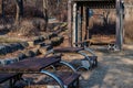 Wooden picnic tables in mountainside park