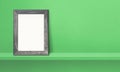 Wooden picture frame leaning on a green shelf. 3d illustration. Horizontal banner Royalty Free Stock Photo