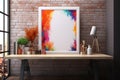 Wooden picture frame mockup in modern interior. Vertical template mock up for artwork, painting, photo or poster in Royalty Free Stock Photo