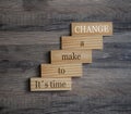 Wooden pieces on a wooden background showing the words Its time to make a change