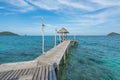 Wooden pier with boat in Phuket, Thailand. Summer, Travel, Vacation and Holiday concept. Royalty Free Stock Photo