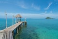 Wooden pier with boat in Phuket, Thailand. Summer, Travel, Vacation and Holiday concept. Royalty Free Stock Photo