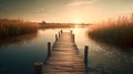 Wooden pier bridge in the lake swamp evening golden hour sunset nature view clear sky