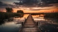 Wooden pier bridge in the lake swamp evening sunset nature view cloudy sky Royalty Free Stock Photo