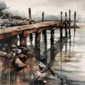 Desolate Autumn seaside, wooden pier, calm sea, overcast sky, AI generative watercolor illustration Royalty Free Stock Photo