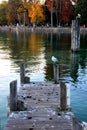 A wooden pier extends into a crystal clear alpine lake in Autumn, France Royalty Free Stock Photo