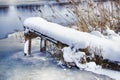 Wooden pier on the frozen river. Frosty weather Royalty Free Stock Photo