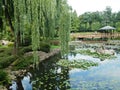 A pier with a gazebo on a pond in the Japanese Garden in WrocÃâaw, Poland Royalty Free Stock Photo