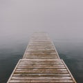 Wooden pier that goes into the fog. Empty mysterious bridge on the river made of planks. Quiet foggy landscape.