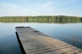 Wooden pier on lake in afternoon in windless weather