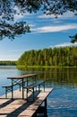 Wooden pier on lake with benches Royalty Free Stock Photo