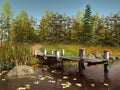 Wooden pier on a lake with leaves