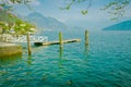 Wooden pier on lake Lucerne in Switzerland.