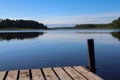 wooden pier on the lake on a windless morning