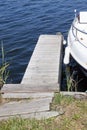 Wooden pier with a little boat moored Royalty Free Stock Photo