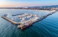 Wooden pier with marina in Sopot resort, Poland. Aerial view.