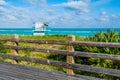 On a wooden pier to lifeguard stand of Miami beach Florida Royalty Free Stock Photo