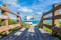 On a wooden pier to lifeguard stand of Miami beach Florida Royalty Free Stock Photo