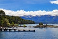 Wooden pier in Wooden pier in Los Arrayanes National Park. Royalty Free Stock Photo